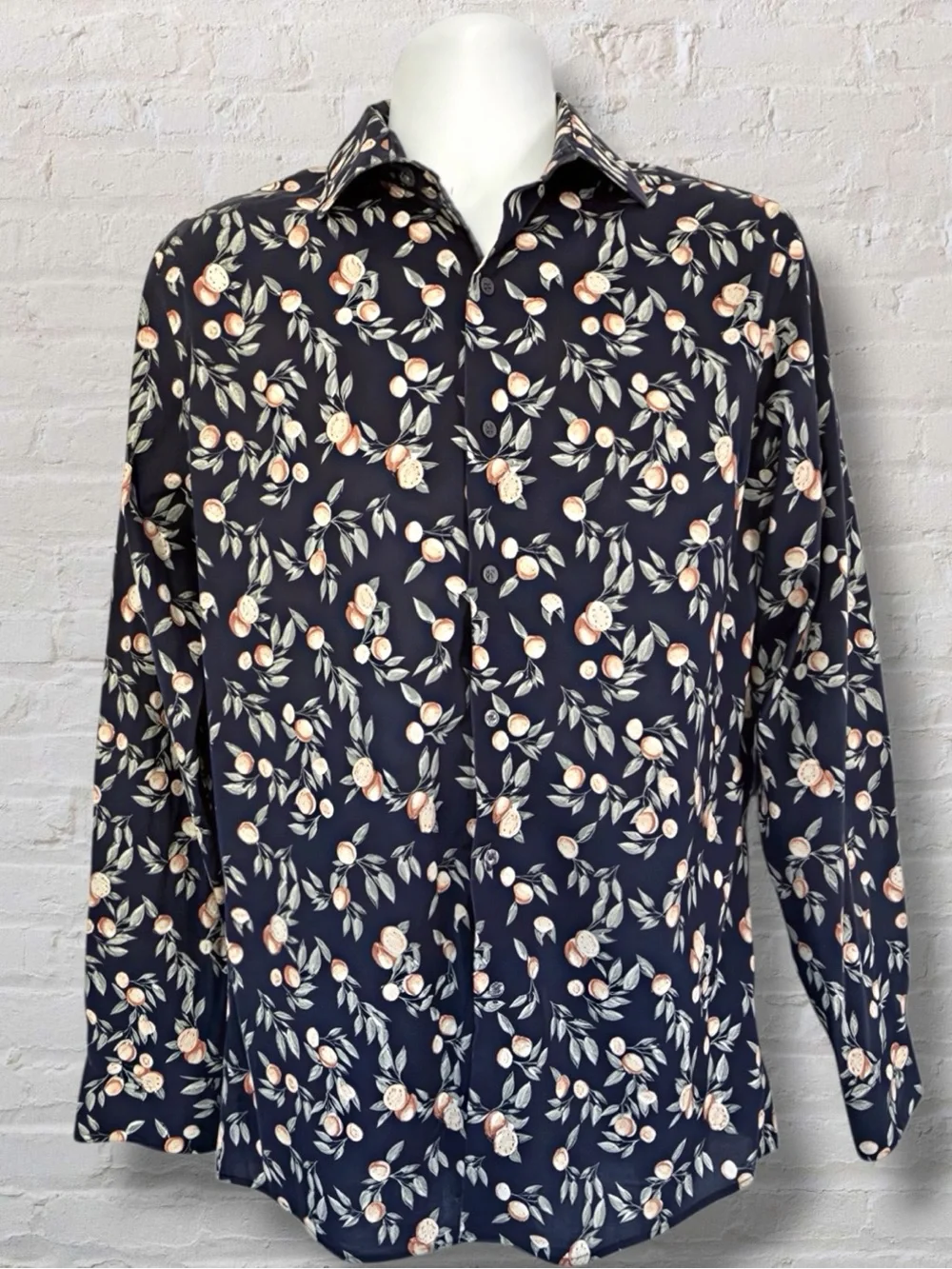 Bar III Mens M 15-15.5 Navy Orange Citrus Print Slim Fit Stretch Dress Shirt